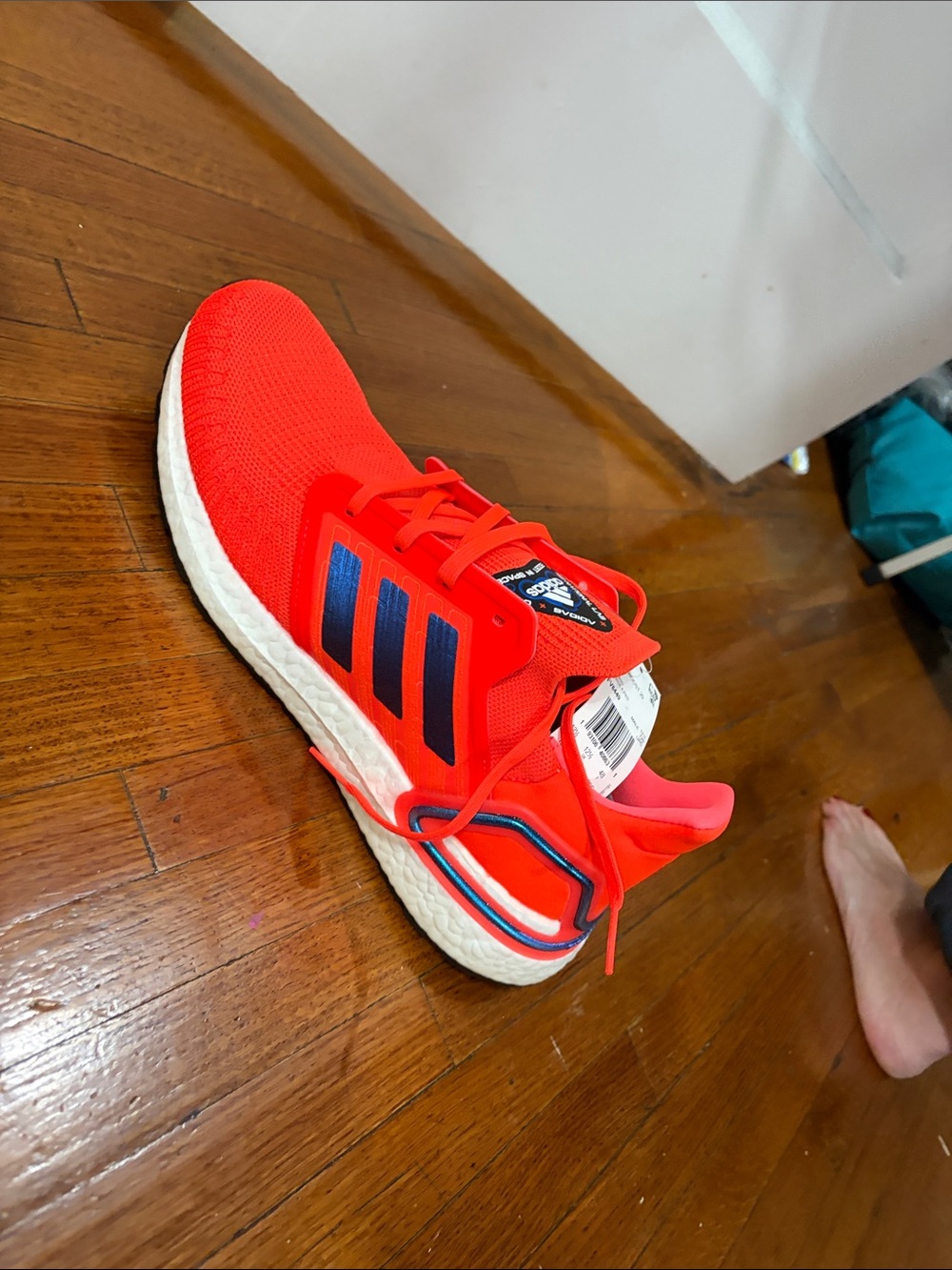adidas Bright Red Running Shoe with Navy Stripes